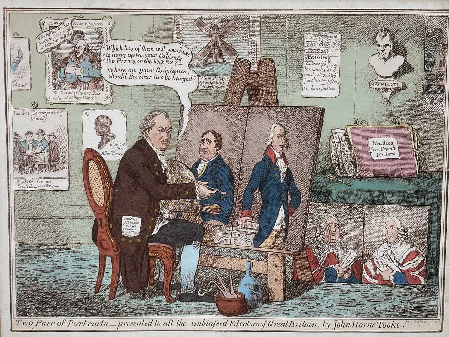 Lot 134 - 18th century hand coloured Gillray engraving - 'Two Pair of Portraits - presented to all the unbiased Electors of Great Britain, by John Horne Tooke', 21.5cm x 28cm, in glazed frame
