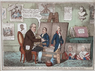 Lot 134 - 18th century hand coloured Gillray engraving - 'Two Pair of Portraits - presented to all the unbiased Electors of Great Britain, by John Horne Tooke', 21.5cm x 28cm, in glazed frame