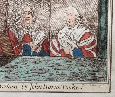 Lot 134 - 18th century hand coloured Gillray engraving - 'Two Pair of Portraits - presented to all the unbiased Electors of Great Britain, by John Horne Tooke', 21.5cm x 28cm, in glazed frame
