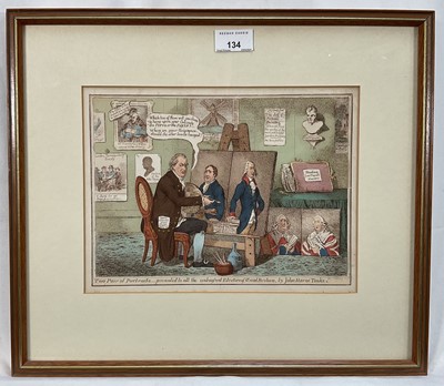 Lot 134 - 18th century hand coloured Gillray engraving - 'Two Pair of Portraits - presented to all the unbiased Electors of Great Britain, by John Horne Tooke', 21.5cm x 28cm, in glazed frame