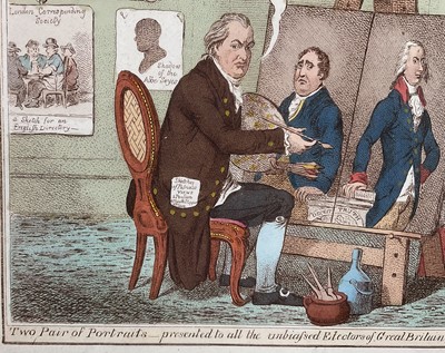 Lot 134 - 18th century hand coloured Gillray engraving - 'Two Pair of Portraits - presented to all the unbiased Electors of Great Britain, by John Horne Tooke', 21.5cm x 28cm, in glazed frame