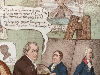 Lot 134 - 18th century hand coloured Gillray engraving - 'Two Pair of Portraits - presented to all the unbiased Electors of Great Britain, by John Horne Tooke', 21.5cm x 28cm, in glazed frame