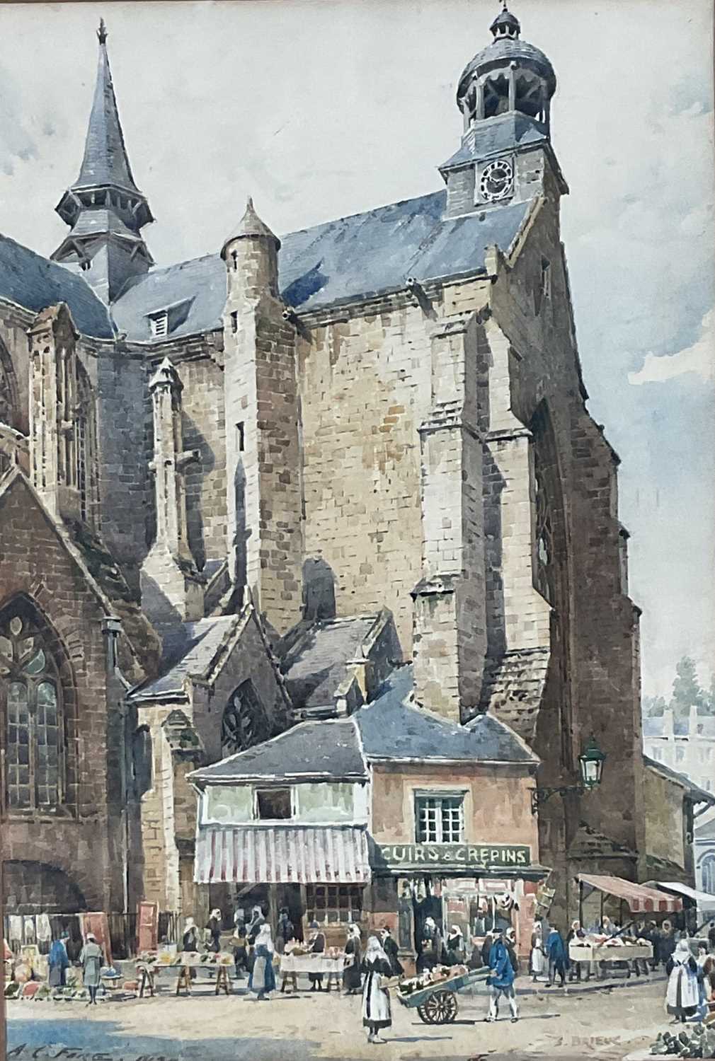 Lot 135 - Arthur Charles Fare, British 1876-1958. Watercolour, French market scene “Saint-Brieuc”, signed and titled to front. Framed