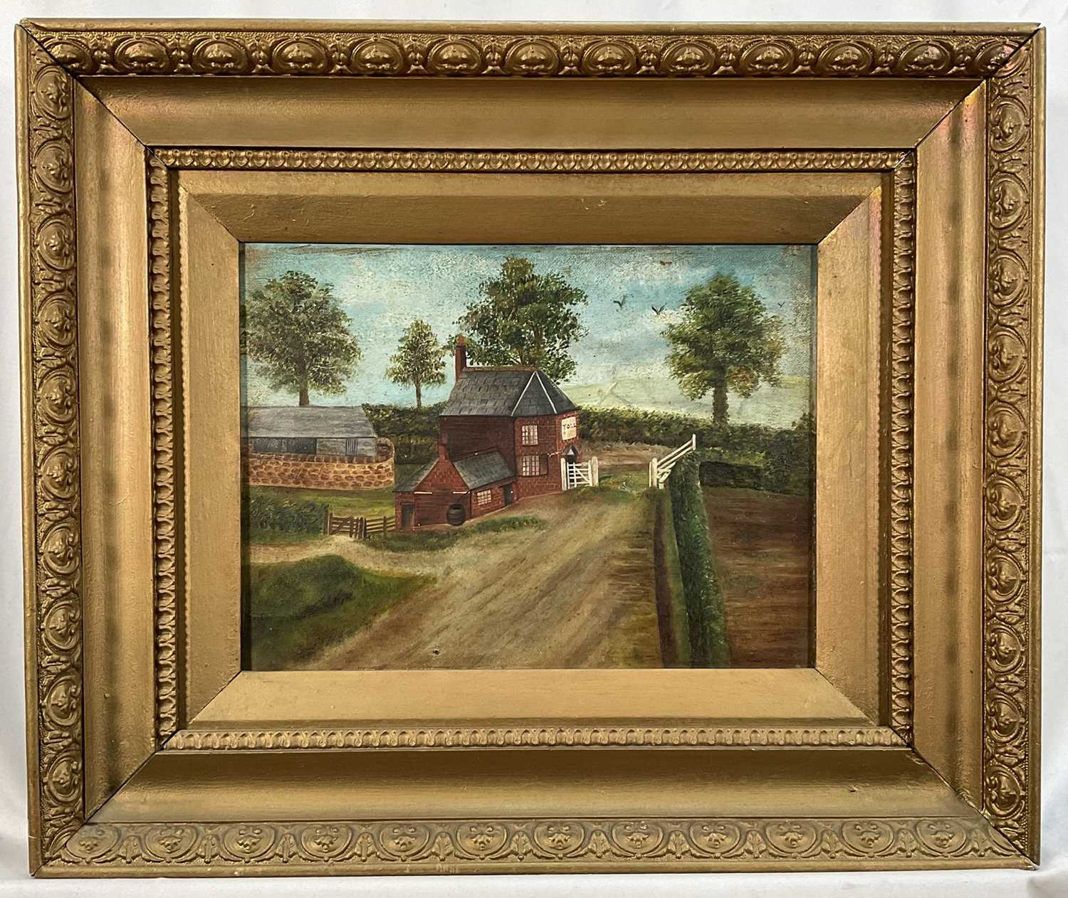 Lot 138 - Victorian Naive school oil on canvas - Tollhouse and road in a landscape, 23cm x 31cm, in gilt frame