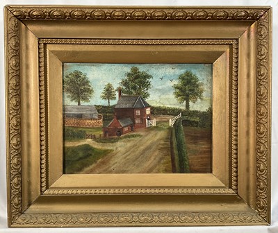 Lot 138 - Victorian Naive school oil on canvas - Tollhouse and road in a landscape, 23cm x 31cm, in gilt frame