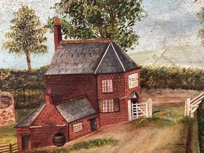 Lot 138 - Victorian Naive school oil on canvas - Tollhouse and road in a landscape, 23cm x 31cm, in gilt frame