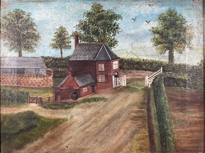 Lot 138 - Victorian Naive school oil on canvas - Tollhouse and road in a landscape, 23cm x 31cm, in gilt frame