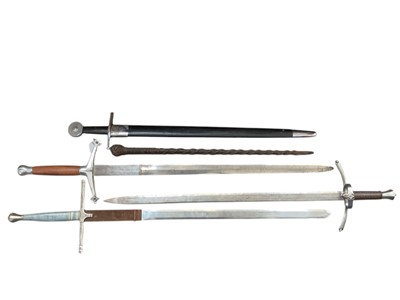 Lot 2656 - Group of replica swords, gladiator helmet, Gandalf's staff, etc