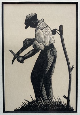 Lot 77 - Clare Leighton (1898-1989) woodcut print - Sharpening the Scythe, 1935, 9.5cm x 6cm, in glazed ebonised frame