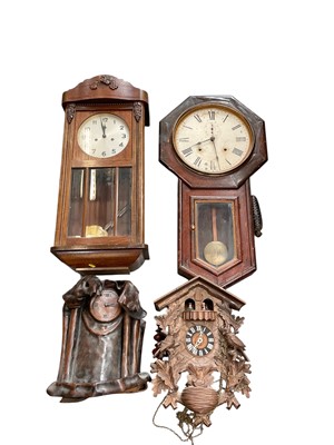 Lot 2657 - Collection of clocks, including a cuckoo clock, figural clocks, a leather clock, etc