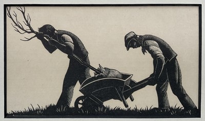 Lot 78 - Clare Leighton (1898-1989) woodcut print - Replanting a Tree, 1935, 7cm x 12cm, in glazed ebonised frame