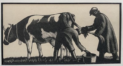 Lot 79 - Clare Leighton (1898-1989) woodcut print - Washing the Cow's Tail, 1937, 6cm x 12cm, in glazed ebonised frame