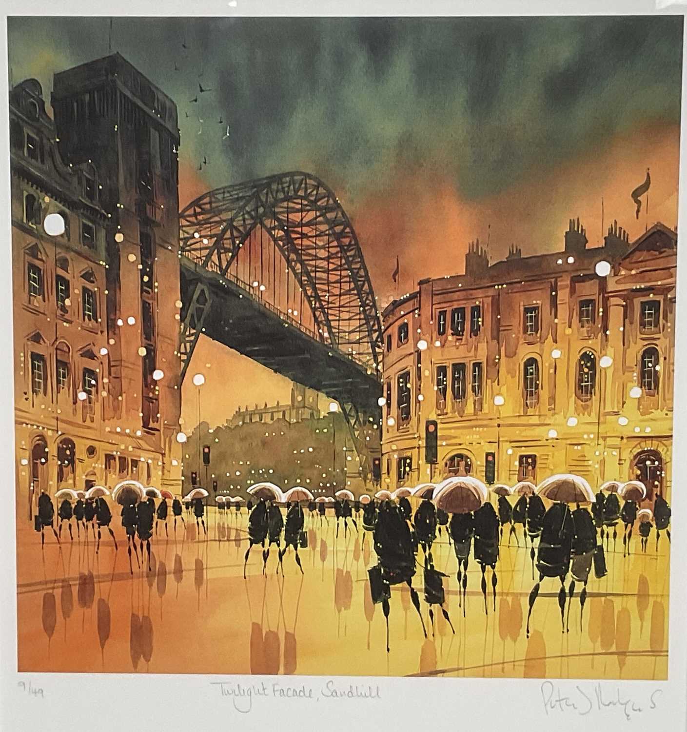 Lot 164 - Peter Rodgers, contemporary, pair of signed limited edition prints - 'Twilight Facade, Grey Street and Sandhill', 3/49 and 9/49, certificates verso, 36cm x 32cm, in glazed frames