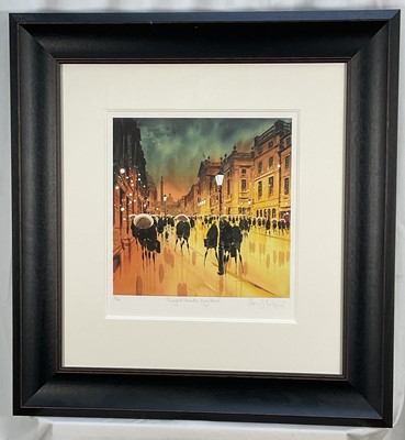 Lot 164 - Peter Rodgers, contemporary, pair of signed limited edition prints - 'Twilight Facade, Grey Street and Sandhill', 3/49 and 9/49, certificates verso, 36cm x 32cm, in glazed frames