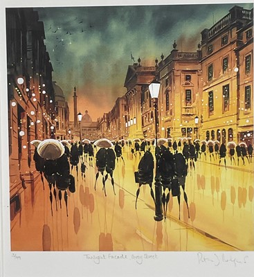 Lot 164 - Peter Rodgers, contemporary, pair of signed limited edition prints - 'Twilight Facade, Grey Street and Sandhill', 3/49 and 9/49, certificates verso, 36cm x 32cm, in glazed frames