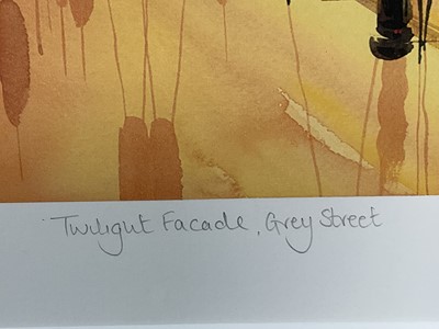 Lot 164 - Peter Rodgers, contemporary, pair of signed limited edition prints - 'Twilight Facade, Grey Street and Sandhill', 3/49 and 9/49, certificates verso, 36cm x 32cm, in glazed frames