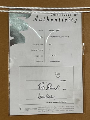 Lot 164 - Peter Rodgers, contemporary, pair of signed limited edition prints - 'Twilight Facade, Grey Street and Sandhill', 3/49 and 9/49, certificates verso, 36cm x 32cm, in glazed frames