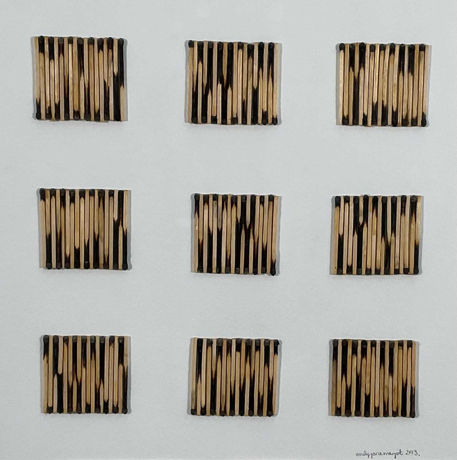 Lot 169 - Emily Jane Marjot, contemporary, matchstick picture 'Burnt Out', signed and dated 2013, 29cm square, in glazed frame