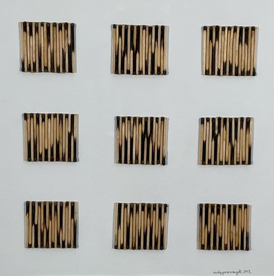 Lot 385 - Emily Jane Marjot, contemporary, matchstick picture 'Burnt Out', signed and dated 2013, 29cm square, in glazed frame