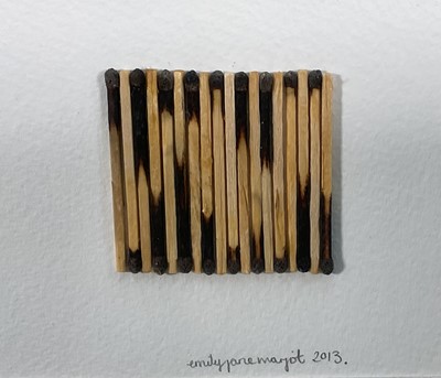 Lot 169 - Emily Jane Marjot, contemporary, matchstick picture 'Burnt Out', signed and dated 2013, 29cm square, in glazed frame