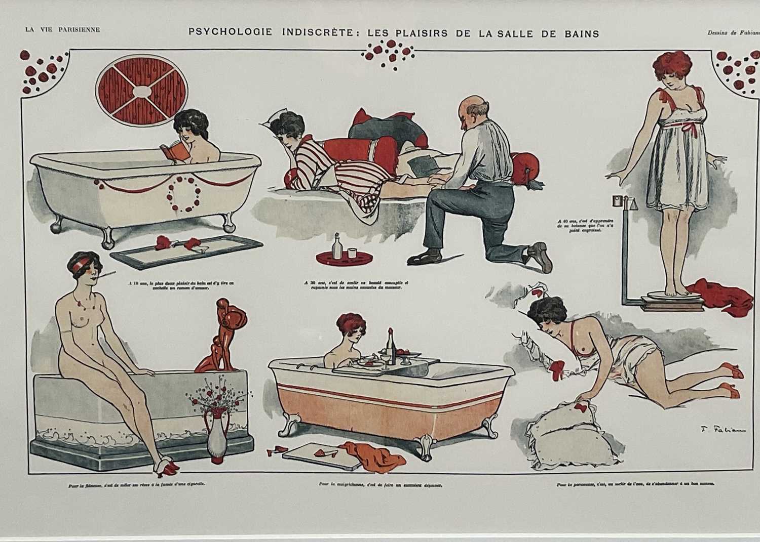 Lot 170 - Pair of French prints after early 20th century examples, 'Psychologie Indiscrete' and Comment Elles Dorment', in glazed frames, 40cm x 54cm
