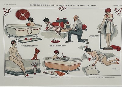 Lot 170 - Pair of French prints after early 20th century examples, 'Psychologie Indiscrete' and Comment Elles Dorment', in glazed frames, 40cm x 54cm