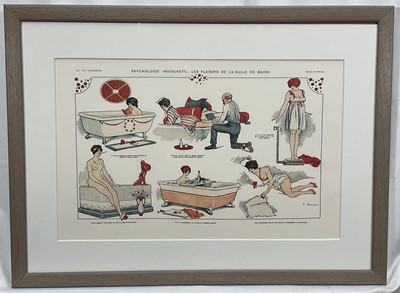 Lot 170 - Pair of French prints after early 20th century examples, 'Psychologie Indiscrete' and Comment Elles Dorment', in glazed frames, 40cm x 54cm