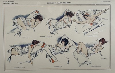 Lot 170 - Pair of French prints after early 20th century examples, 'Psychologie Indiscrete' and Comment Elles Dorment', in glazed frames, 40cm x 54cm
