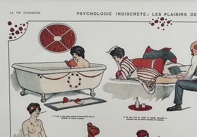 Lot 170 - Pair of French prints after early 20th century examples, 'Psychologie Indiscrete' and Comment Elles Dorment', in glazed frames, 40cm x 54cm