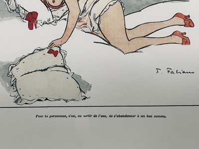 Lot 170 - Pair of French prints after early 20th century examples, 'Psychologie Indiscrete' and Comment Elles Dorment', in glazed frames, 40cm x 54cm