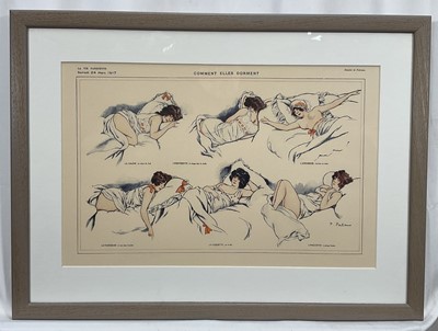 Lot 170 - Pair of French prints after early 20th century examples, 'Psychologie Indiscrete' and Comment Elles Dorment', in glazed frames, 40cm x 54cm