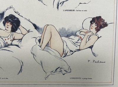 Lot 170 - Pair of French prints after early 20th century examples, 'Psychologie Indiscrete' and Comment Elles Dorment', in glazed frames, 40cm x 54cm