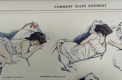 Lot 170 - Pair of French prints after early 20th century examples, 'Psychologie Indiscrete' and Comment Elles Dorment', in glazed frames, 40cm x 54cm