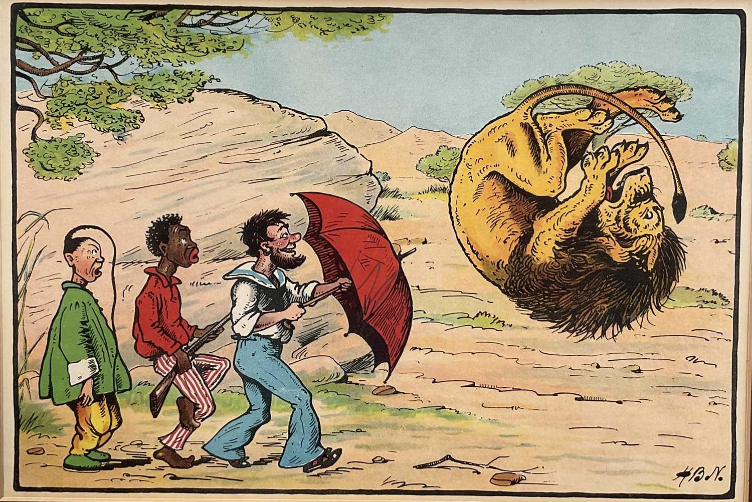 Lot 171 - Set of four early 20th century illustration prints from Harry B. Neilson's and S. Baring Gould's book, 'Amazing Adventures', each titled verso with text from the book, 18cm x 27cm, in glazed fra...