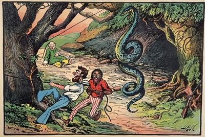 Lot 171 - Set of four early 20th century illustration prints from Harry B. Neilson's and S. Baring Gould's book, 'Amazing Adventures', each titled verso with text from the book, 18cm x 27cm, in glazed fra...