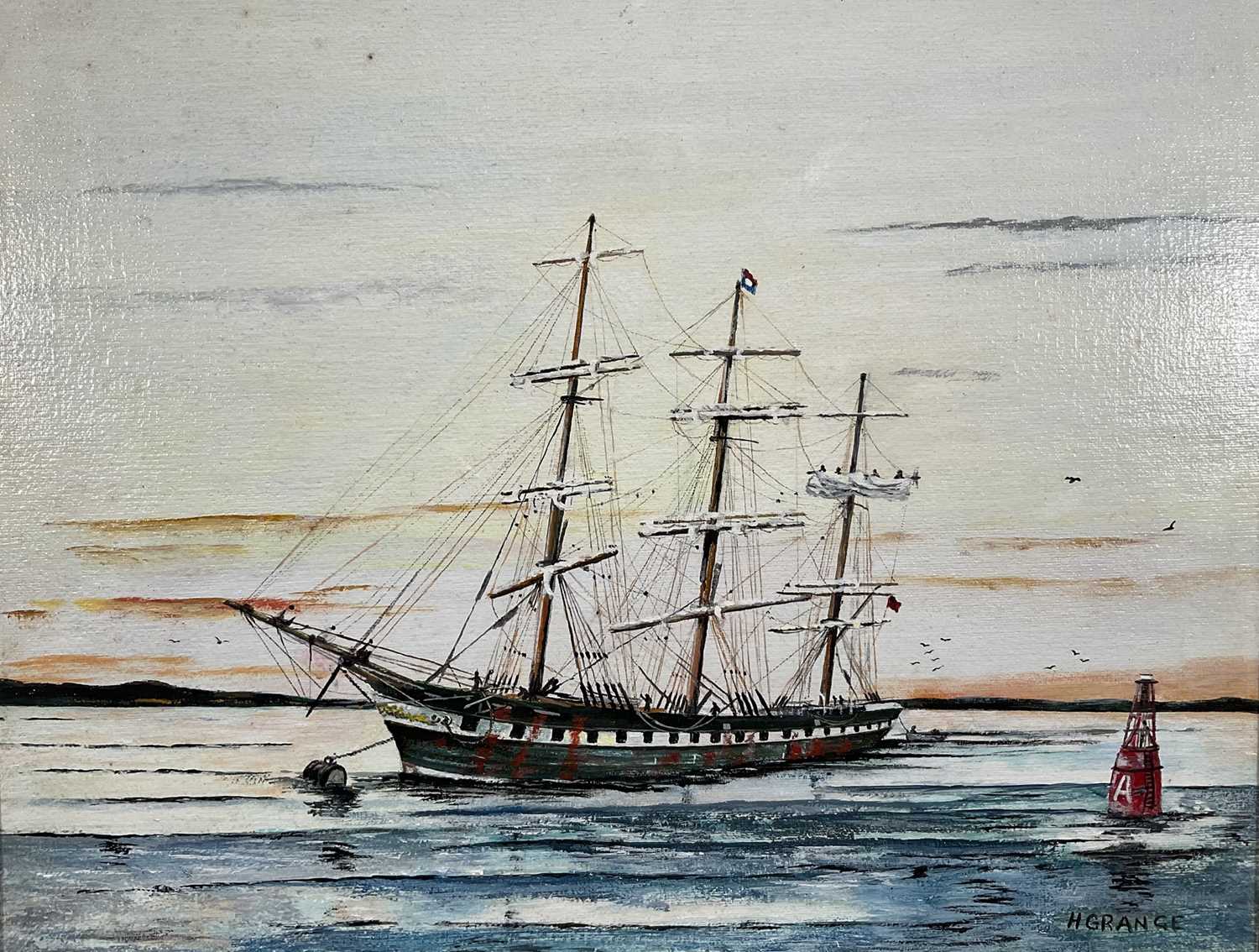 Lot 173 - H. Grange, 20th century, two oils on board - Tea Clipper "Taeping" and The Illawarra, both labelled verso, 45cm x 55cm and 40cm x 50cm, framed (2)