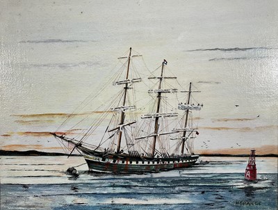 Lot 384 - H. Grange, 20th century, two oils on board - Tea Clipper "Taeping" and The Illawarra, both labelled verso, 45cm x 55cm and 40cm x 50cm, framed (2)
