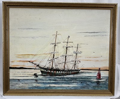 Lot 173 - H. Grange, 20th century, two oils on board - Tea Clipper "Taeping" and The Illawarra, both labelled verso, 45cm x 55cm and 40cm x 50cm, framed (2)