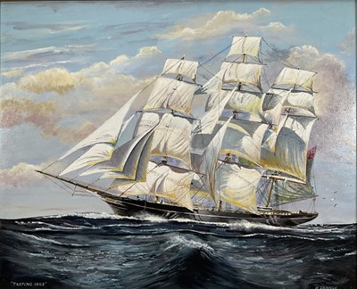 Lot 173 - H. Grange, 20th century, two oils on board - Tea Clipper "Taeping" and The Illawarra, both labelled verso, 45cm x 55cm and 40cm x 50cm, framed (2)