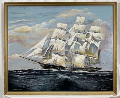 Lot 173 - H. Grange, 20th century, two oils on board - Tea Clipper "Taeping" and The Illawarra, both labelled verso, 45cm x 55cm and 40cm x 50cm, framed (2)
