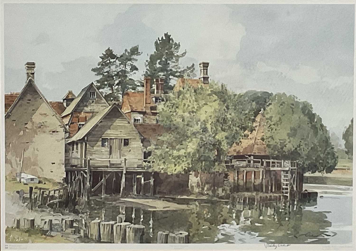 Lot 174 - Stanley Orchart (1920-2005) signed print - A Riverside Mill, 34cm x 48cm, in glazed frame