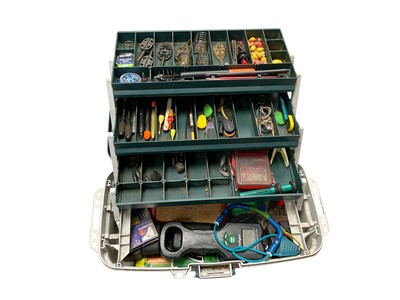 Lot 2737 - Fishing equipment to include two sets of draws filled with weights and floats, a 1980's tackle box and contents, a 1950's Milbro tackle box, 3 rod spikes and a collection of rod rests.