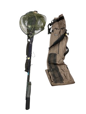 Lot 2739 - Group of fishing equipment to include unhooking mat, weighing sling, canvas carry all, 10' 6" 3 piece river rod, 12' twin top river rod, 2" oval landing net and a 20" landing net.