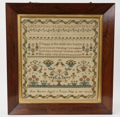 Lot 965 - Early Victorian rosewood framed sampler with poignant text