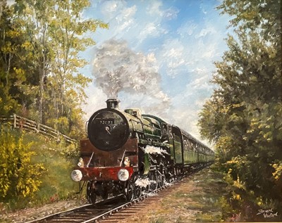 Lot 216 - Bernard Woollard oil on canvas, Steam locomotive The Cambrian Coast Express 1967, 75cm x 95cm, gilt frame
