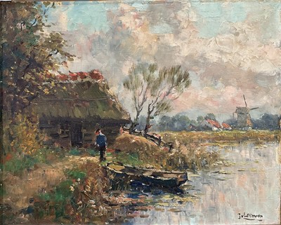 Lot 20 - Small oil on canvas river scene, figure with boat and mill in background, indistinctly signed, 40cm x 49cm, gilt frame