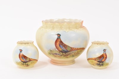 Lot 94 - Trio of three blush ivory pot pourri vases hand painted with pheasants, by Locke & Co. Worcester, circa 1902-1911, signed E. Blake, 6cm and 10cm high