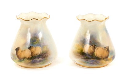 Lot 95 - Pair of Royal Worcester vases, shape G 257, painted with sheep on a hillside, signed E.T. Barker, 8cm high