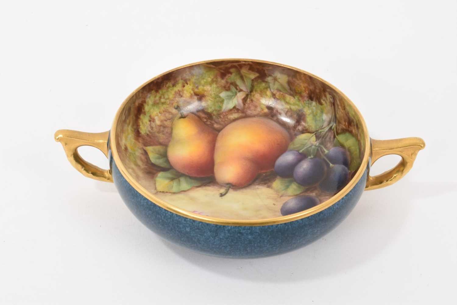 Lot 100 - Royal Worcester twin handled Bon Bon dish, dated 1920 painted with fruit, signed Thomas Lockyear, 16.4cm wide including handles