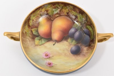 Lot 100 - Royal Worcester twin handled Bon Bon dish, dated 1920 painted with fruit, signed Thomas Lockyear, 16.4cm wide including handles